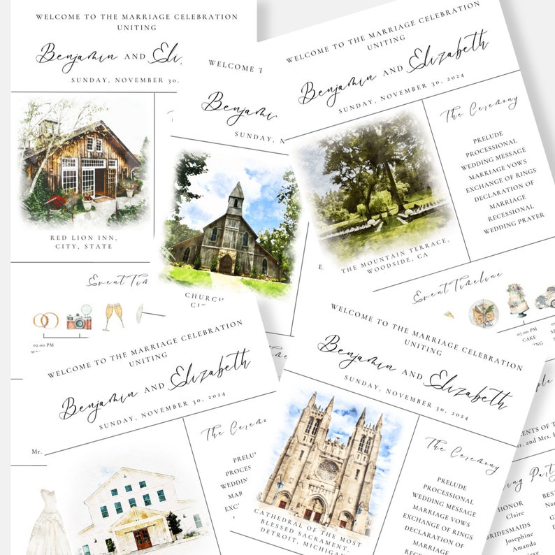 Custom Digital Watercolor Venue Painting Infographic/Catholic Wedding Program, Watercolor Wedding Venue Illustration, Bespoke Wedding Venue image 10