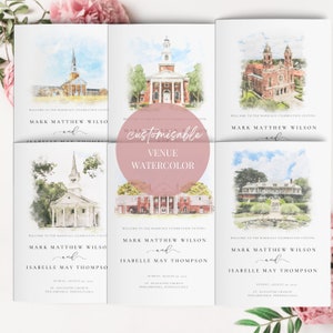 以下が含まれることがあります： 異なる教会のウォーターカラーイラストが4つあり、それぞれに「マーク・マシュー・ウィルソンとイザベル・メイ・トンプソンの結婚のお祝いにようこそ」というテキストと、結婚式の日時と場所が記載されています。画像の上部には円の中に「カスタマイズ可能な会場水彩画」というテキストが書かれています。