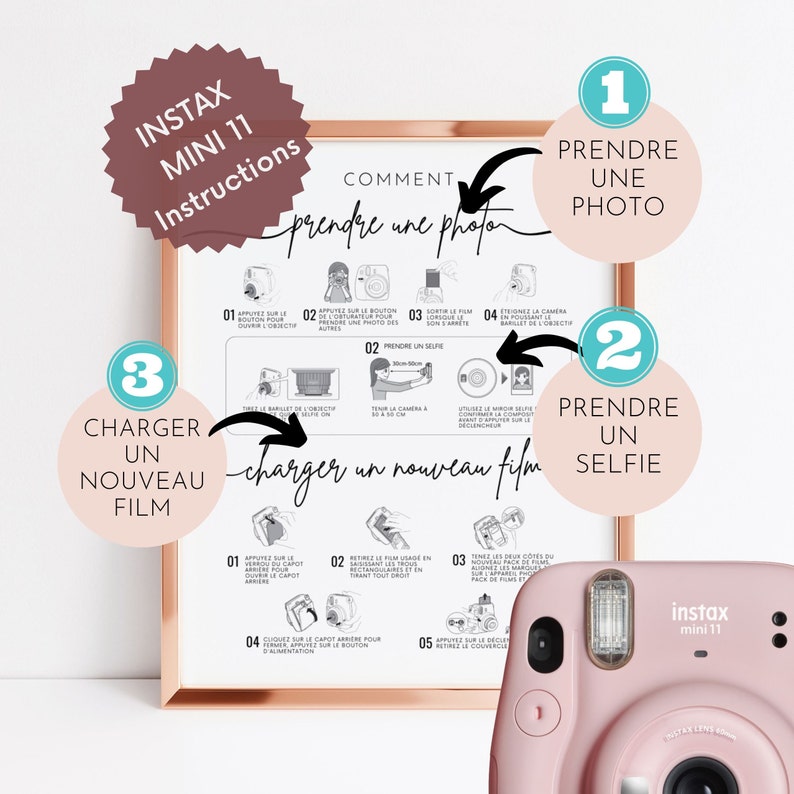 Instruction Polaroid en français et livre d'or pour appareil photo, instructions pour appareil photo Instax Mini 11 en français, comment prendre une photo, charger un nouveau film image 3