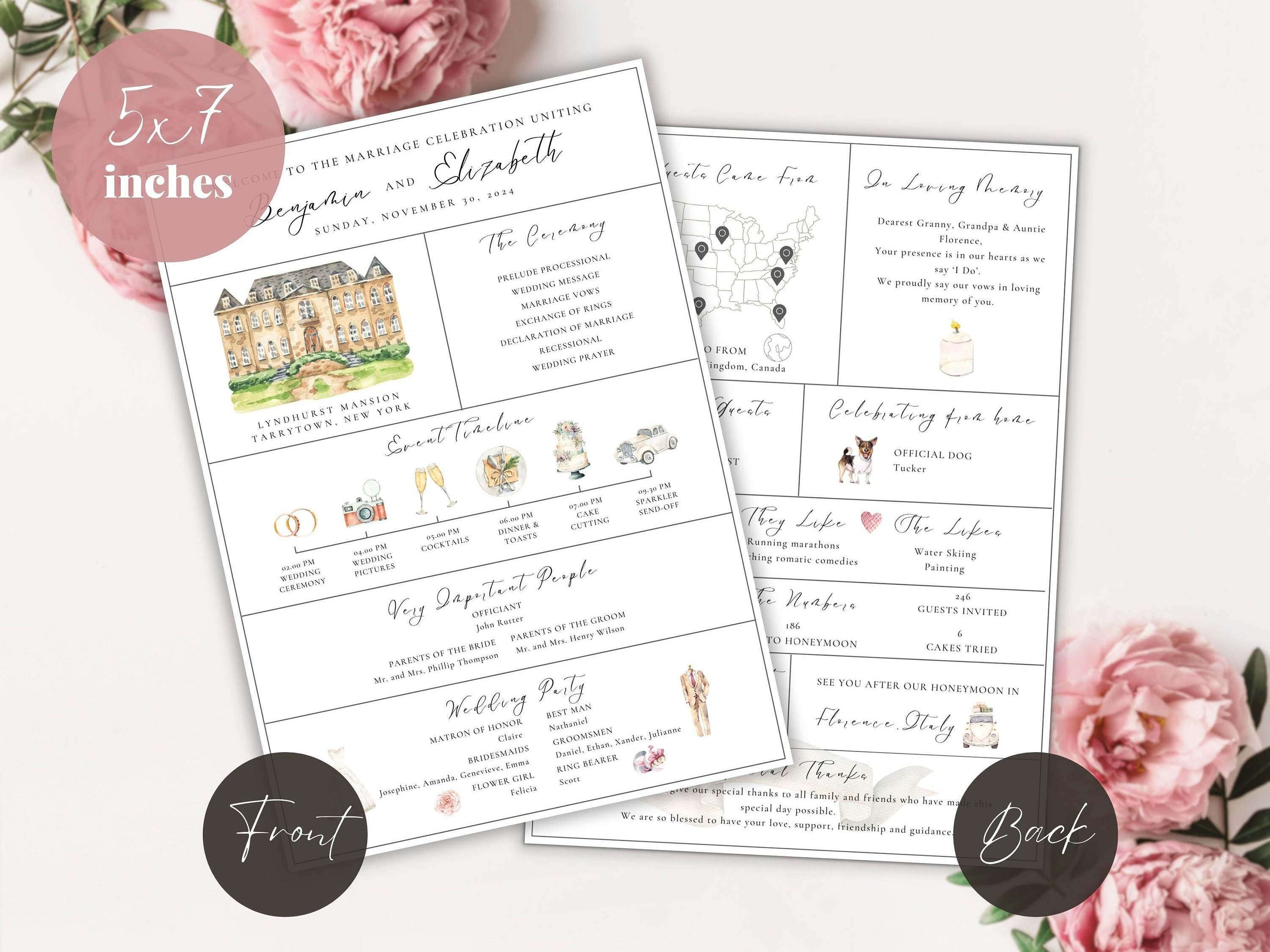 Wedding Infographic Program Template, Infographic Wedding Ceremony Program, Wedding Day Timeline Program Card, Modern Unique Church Program