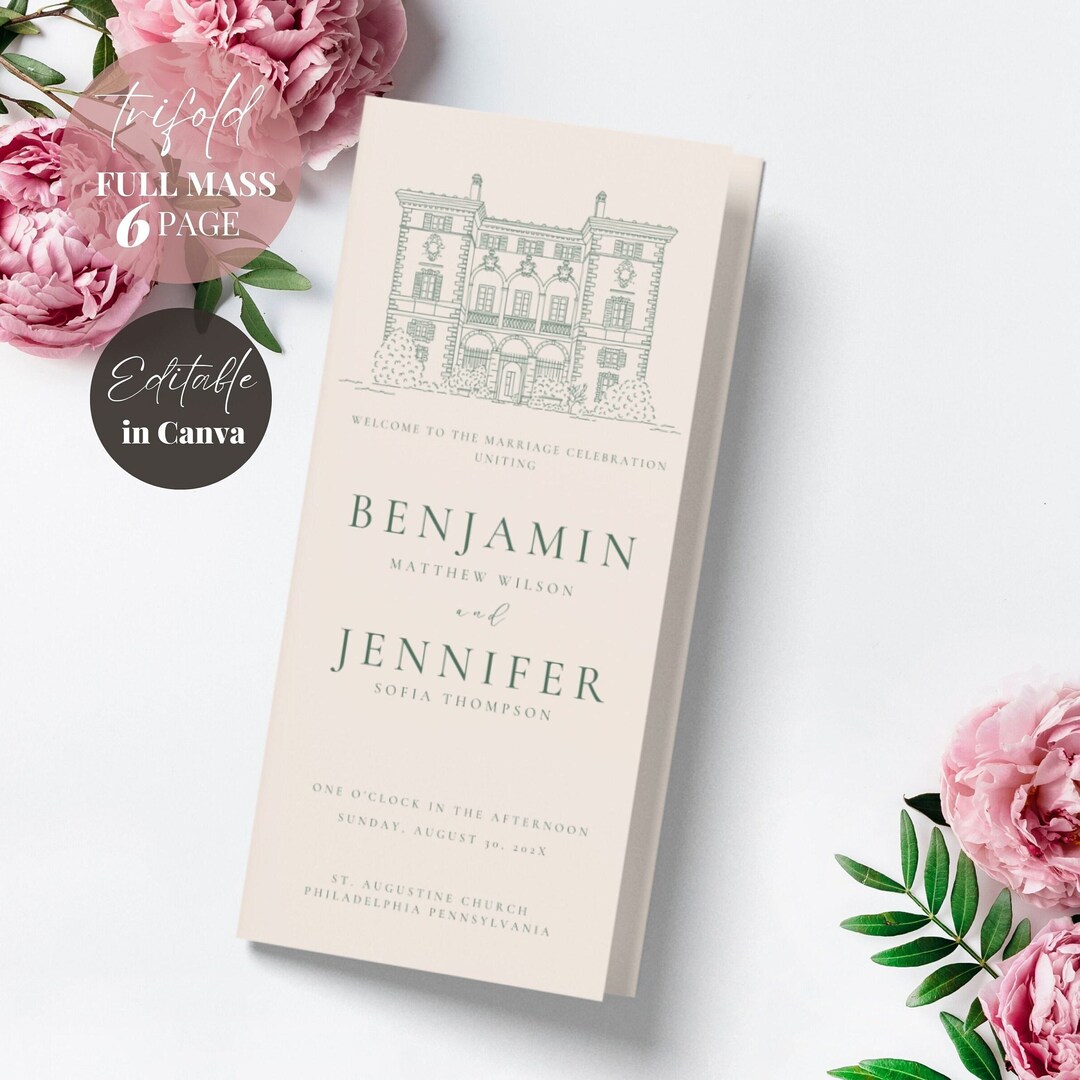 Catholic Wedding Mass Program Booklet full Mass, Trifold Catholic