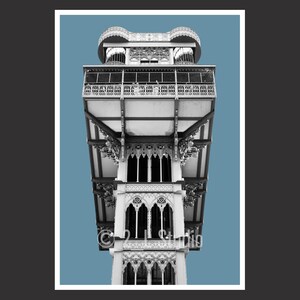 Elevador de Santa Justa, Lizbona, Portugalia, Fotografia podróżnicza, czarno-biały druk plakatu w Lizbonie, dekoracje ścienne w Lizbonie, pejzaż Portugalii