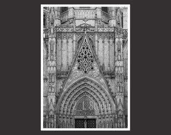 Barcelona Cathedral #1, Travel Photography, B/W Barcelona Poster Print, Barcelona Wall Decor, Barcelona Cityscape, Detail