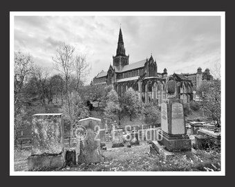 Glasgow Cathedral #1 Scotland, Travel Photography, b/w Glasgow Poster Print, Glasgow Wall Decor, Scotland Cityscape, Landscape