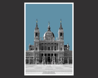 Catedral de Almudena #5 Madrid Espanha, fotografia de viagem, impressão de pôster em preto e branco de Madri, decoração de parede de Madri, paisagem urbana da Espanha, foto detalhada