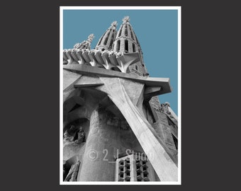 Sagrada Familia #2 Barcelona, resefotografi, svartvit Barcelona-affischtryck, Barcelonas väggdekor, Barcelonas stadsbild, detalj