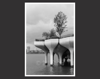 Muelle 55 de Little Island, río Hudson, Nueva York. Fotografía de viajes. Póster en blanco y negro de Nueva York. Decoración de pared de Nueva York. Paisaje urbano de Nueva York.