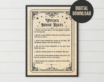 Witch's House Rules Sign Printable | Boho Home Decor | Witchy | Halloween Wall Art | Vintage Style Sign | Gothic | Magic | Cottagecore