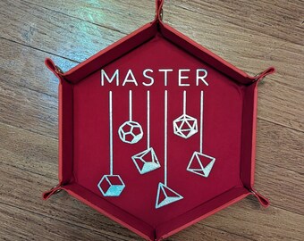 Dungeon Master Dice Tray Gift for DM GM RPG Role Playing Game D20 Gold and Black Dice Tray Velvet Tray Red & Silver