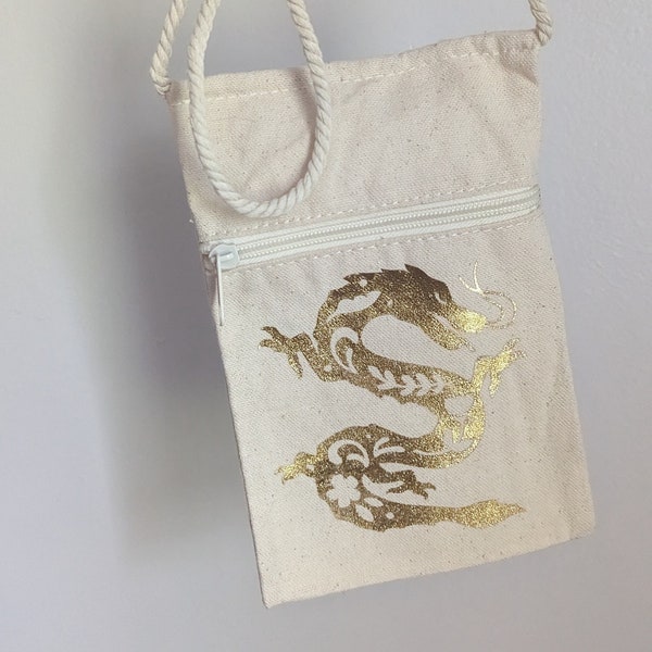 Gold Flower Dragon Mini Festival Crossbody Purse Zip Tote Bag Pouch