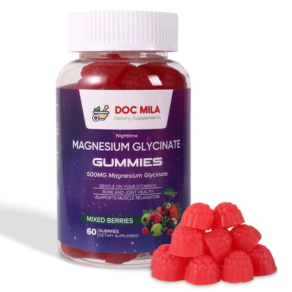 Magnesium Glycinate Gummies 500mg - Magnesium Vitamins - Glicinato de Magnesio para Mujeres - 60 Mixed Berry Gummies