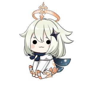 May include: A cartoon illustration of a character with white hair, large black eyes, and a small smile. The character wears a white outfit with blue and orange accents, a dark blue scarf, and a gold halo. The character is sitting down.