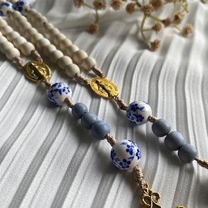 White rosary blue and white floral rosary wooden Rosary Gold Crucifix Gold Center piece marian prayer catholic Rosary beads gifts