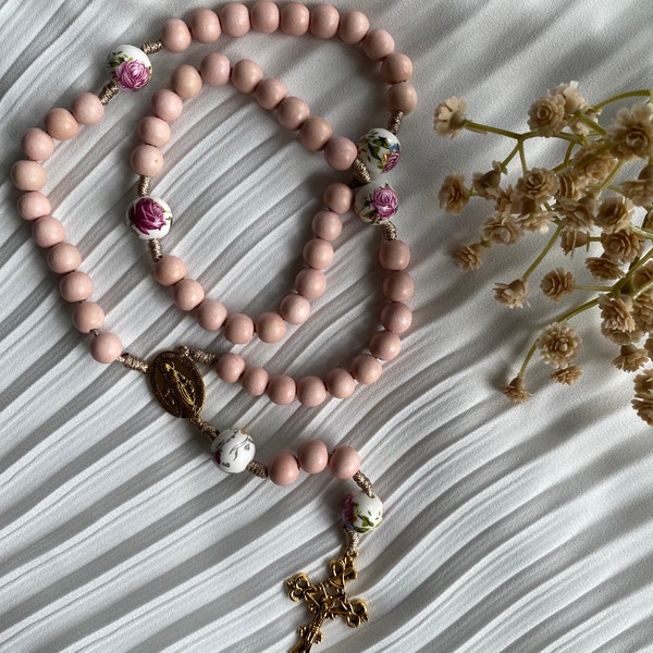 Pink Wooden Rosary: Floral Ceramic Beads, Gold Crucifix