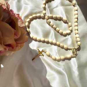 Cream rosary neutral ivory wood rosary oval bead wooden Rosary Gold Crucifix Gold Center piece marian prayer catholic Rosary beads gifts