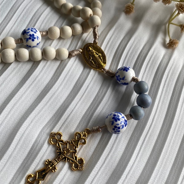 Mothers day spring blue and white floral ceramic & wooden Rosary Gold Crucifix Gold Center piece marian prayer catholic Rosary beads gifts