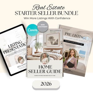 May include: A real estate starter seller bundle with the text "Real Estate Starter Seller Bundle" and "Win More Listings With Confidence". The bundle includes a listing presentation on a tablet, a home seller guide, and a pre-listing guide.