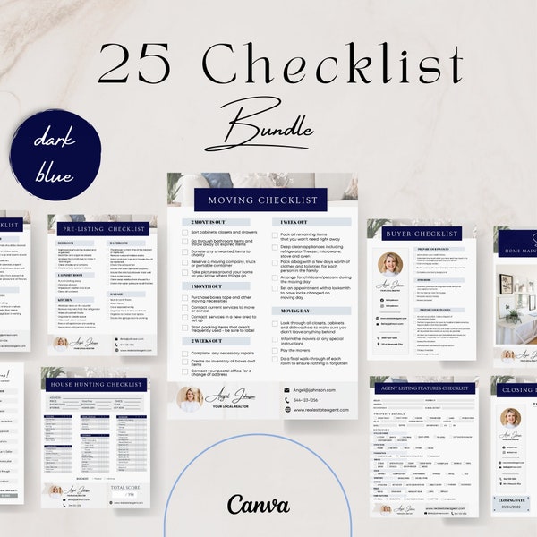 Dark Blue Luxury Real Estate  Checklist BundleTemplate , Prep - Listing Template, Closing Day Checklist ,Editable Digital Real Estate Market