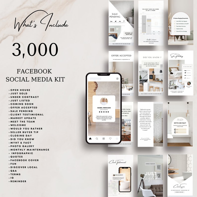 May include: A social media kit for real estate agents with 3,000 Facebook posts. The kit includes a variety of templates for different types of content, such as open houses, just sold listings, client testimonials, and market updates. The kit also includes a variety of graphics and images that can be used to create engaging and informative posts.