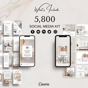 May include: A collection of 5,800 social media templates for real estate agents. The templates are designed in a minimalist style with a neutral color palette. The templates feature images of homes, real estate agents, and text overlays. The templates are compatible with Canva.