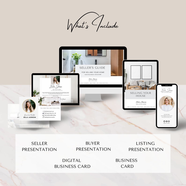 May include: A digital marketing kit for real estate agents. The kit includes a seller presentation, a buyer presentation, a digital business card, and a listing presentation. The kit is designed to help real estate agents market their services to potential clients.