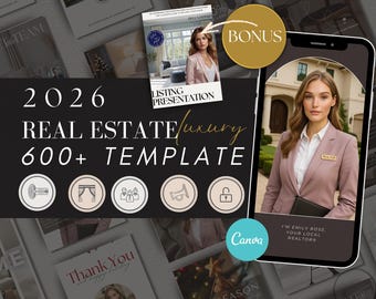 May include: A promotional image for real estate templates. The image features a smartphone displaying a woman in a pink blazer, surrounded by brochures and the text "2026 Real Estate Luxury 600+ Template". Additional text includes "Listing Presentation" and "Bonus".