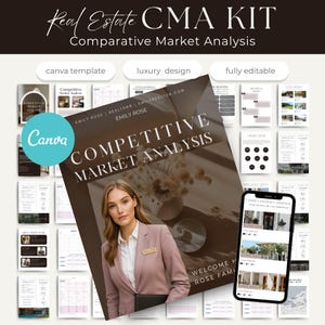 May include: A Real Estate CMA Kit with the text "Real Estate CMA KIT Comparative Market Analysis". The kit includes a Canva template, luxury design, and is fully editable. The image features a woman in a pink blazer and a smartphone displaying real estate listings.