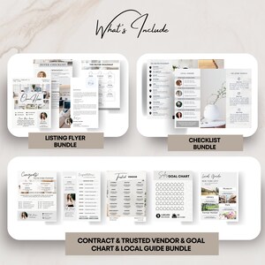 May include: A collage of printable checklists and guides for home buyers, including a buyer checklist, buyer roadmap, local vendors checklist, home search checklist, a contract and trusted vendor checklist, a goal chart, and a local guide. The checklists and guides are in a minimalist style with black text on a white background.