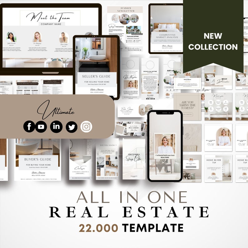 May include: A collection of 22,000 real estate templates for social media and marketing. The templates feature a modern, minimalist design with a neutral color palette of white, beige, and brown. The text "Ultimate" is written in a handwritten font and the text "All in One Real Estate 22,000 Template" is written in a bold, sans-serif font.