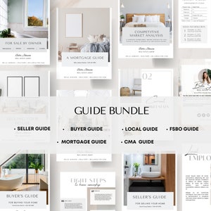May include: A guide bundle for real estate agents, featuring a white background with a gray and white design. The bundle includes guides for sellers, buyers, mortgages, local areas, and FSBOs. The text "GUIDE BUNDLE" is in large, bold letters at the top of the image.