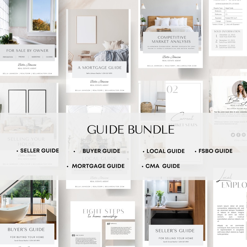 May include: A guide bundle for real estate agents, featuring a white background with a gray and white design. The bundle includes guides for sellers, buyers, mortgages, local areas, and FSBOs. The text "GUIDE BUNDLE" is in large, bold letters at the top of the image.