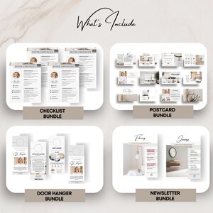May include: A set of four printable bundles for real estate agents. The bundles include checklists, postcards, door hangers, and newsletters. Each bundle features a modern, minimalist design with a neutral color palette.