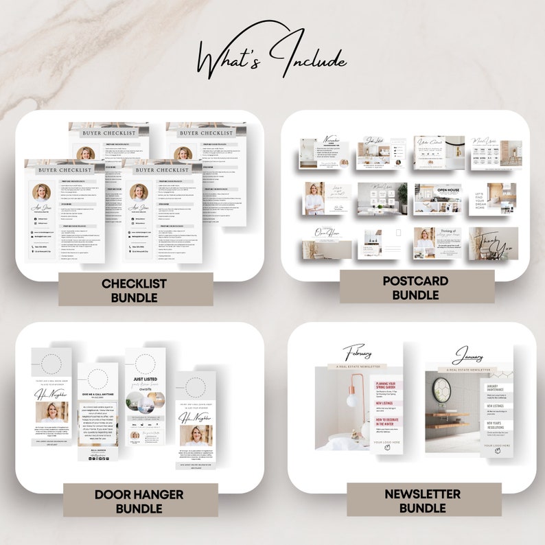 May include: A set of four printable bundles for real estate agents. The bundles include checklists, postcards, door hangers, and newsletters. Each bundle features a modern, minimalist design with a neutral color palette.