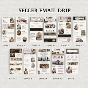 May include: A collection of eleven email templates with a real estate theme. Each template features a woman in a blazer, with text and images related to home selling and buying. The title "SELLER EMAIL DRIP" is at the top.