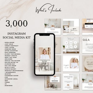 May include: A digital marketing kit for real estate agents with 3,000 Instagram social media post templates. The kit includes a variety of templates for different types of posts, such as open houses, just sold listings, and market updates. The kit also includes a variety of graphics and text elements that can be customized to fit your brand.