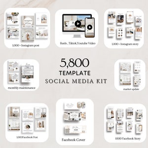 May include: A collage of images showcasing a social media kit with 5,800 templates for Instagram, Facebook, Reels, TikTok, and YouTube. The kit includes templates for posts, stories, covers, and more. The images are in a neutral color palette with a modern aesthetic.