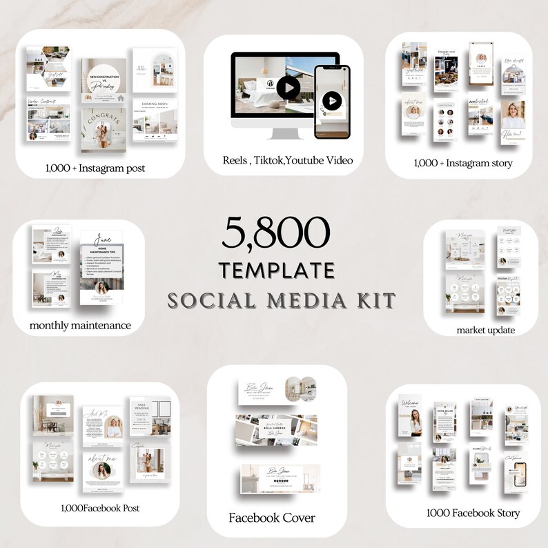 May include: A collage of images showcasing a social media kit with 5,800 templates for Instagram, Facebook, Reels, TikTok, and YouTube. The kit includes templates for posts, stories, covers, and more. The images are in a neutral color palette with a modern aesthetic.