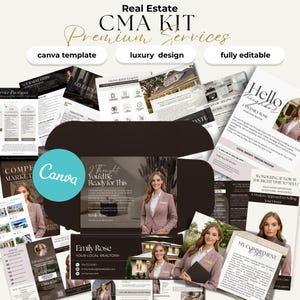 May include: A real estate CMA kit with a Canva template, luxury design, and fully editable features. The kit includes various documents with text and images, such as a welcome letter, strategic selling plan, and competitive market analysis. The kit is branded with the name "Emily Rose."