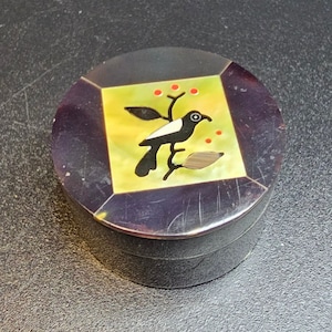 Vintage Pill Box | Inlaid Mother of Pearl | Bird Design | Hand Crafted | Phillipines | Balikbayan Box | Trinket Box