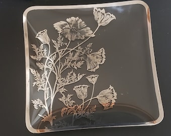 VTG MCM 1950s Silver City Glass Company - Floral Poppy Overlay Square Serving Plate Mid Century Modern