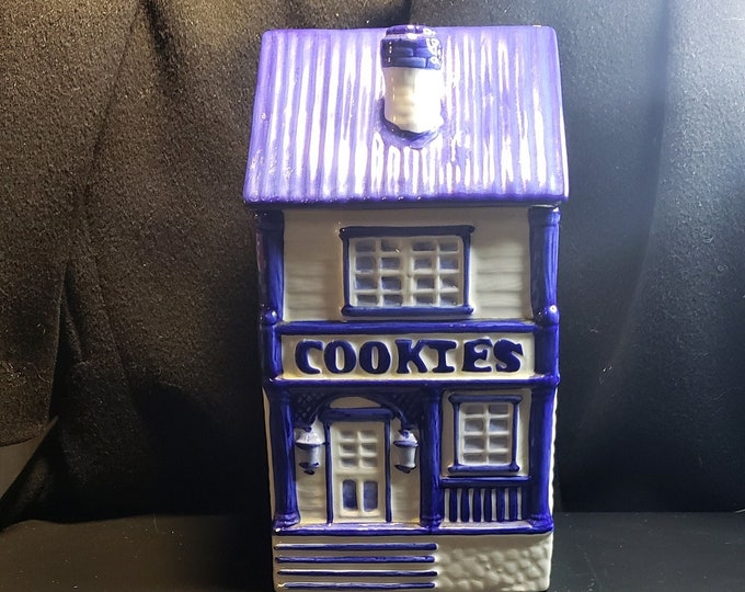 Vintage CKAO Blue and White Ceramic Victorian House Cookie Jar Etsy