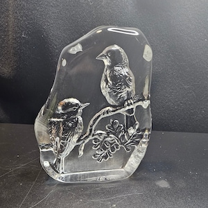 Mats Jonasson | Art Glass | Clear Lead Crystal | Two Birds | Engraved Crystal | Vintage | Bird Couple