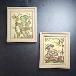 TWO Vintage Goebel Hummel Prints | Framed | Wall Art | Ready to Hang | His Happy Pastime | Autumn | Nursery