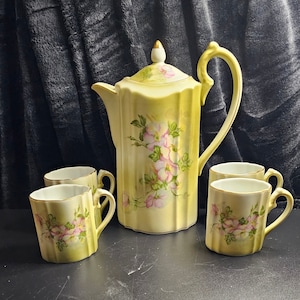 Vintage Nippon Chocolate Pot with Four Cups | Teapot & Tea Cups | Hand painted | Pitcher and Cups | Coffee | Pink Flowers and Gold accents