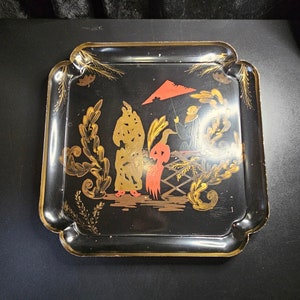 Vintage Chinese Black Square Metal Tray BY CENTRUM | 1992 | Hand Painted and Signed