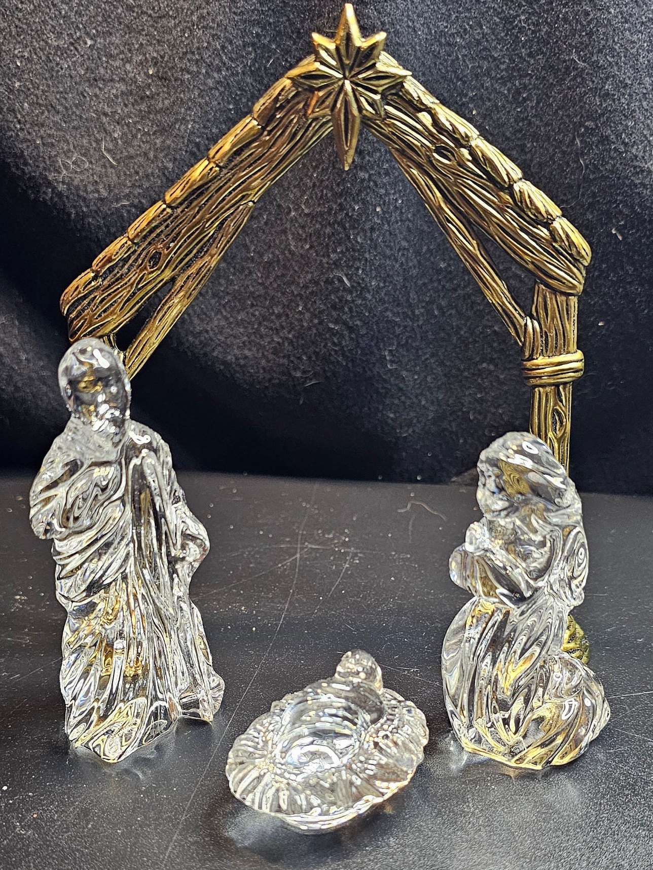 Gorham Lead Crystal Nativity Scene With Box 4 Pieces Brass Stable Arch