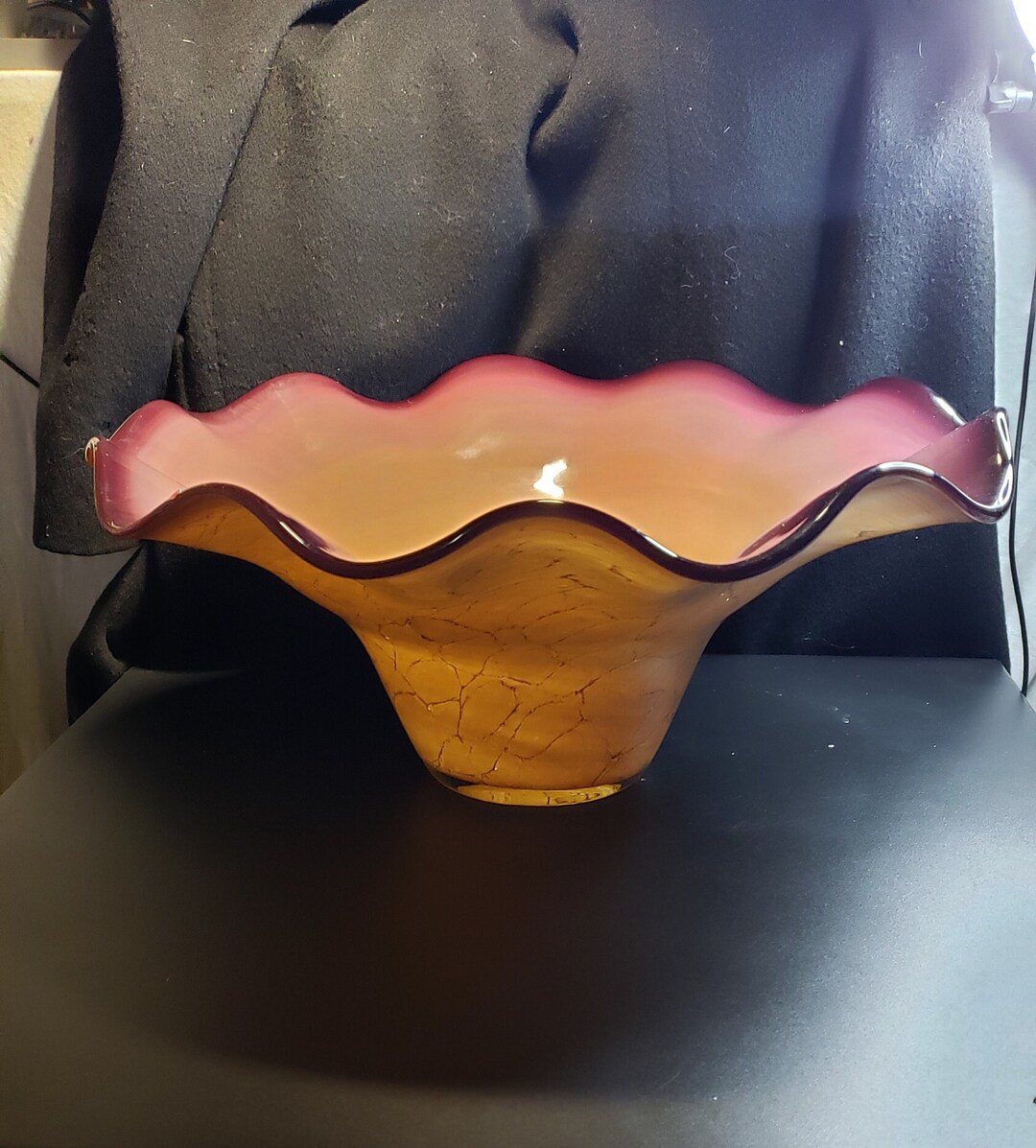 LARGE Art Glass Bowl Hand Blown Vintage Murano Style Amethyst and