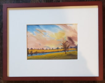 Original Derek T Collins Watercolor Landscape | Sunset | Vivid Original Artwork | Framed