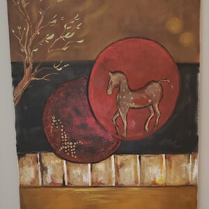 Original Art - Mary Sanders - Abstract - Red Sun Horse under a Tree - Unique XL Artwork 36x24