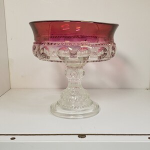 Vintage Tiffin Kings Crown Thumbprint Ruby Rim Candy Dish - Ruby Indiana glass - Collectible Tiffin Compote with Ruby Rim